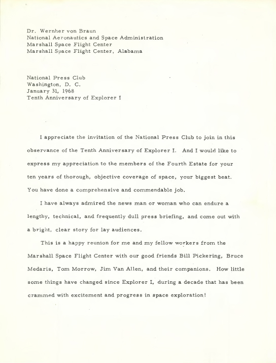 Wernher von Braun Prepared Remarks to the National Press Club