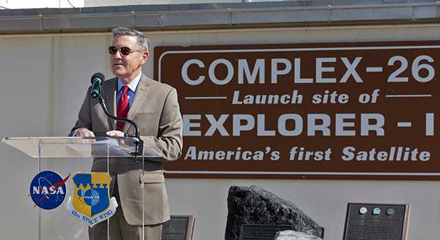 Kennedy Space Center Director Bob Cabana speaks to guests at an event celebrating the 60th anniversary of America's first satellite.