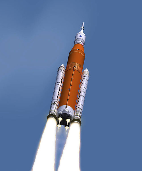 Artist’s illustration of the Space Launch System rocket at launch