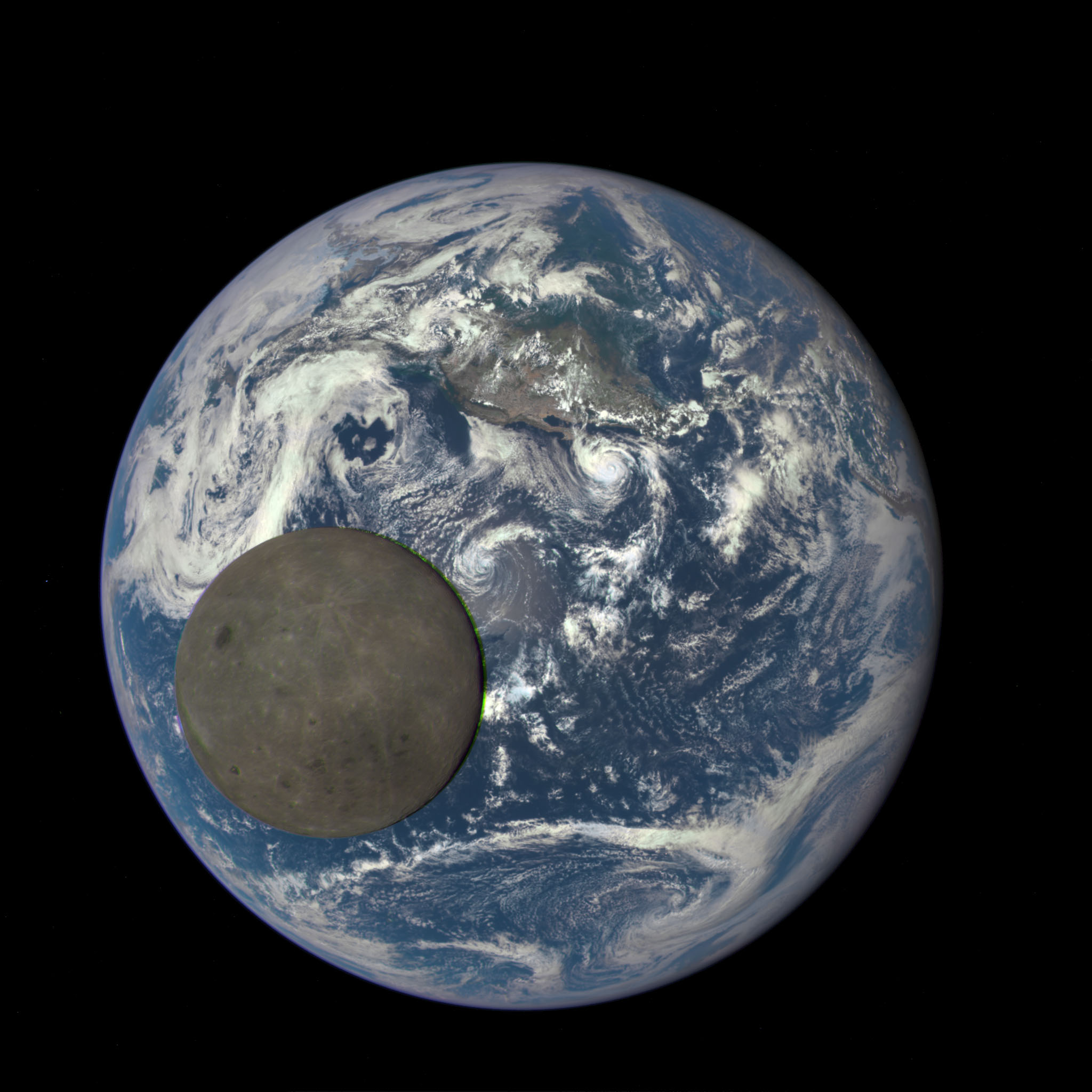 Moon Crosses Earth: an image of the dark side of the moon framed against the larger Earth. Credit: NASA/NOAA